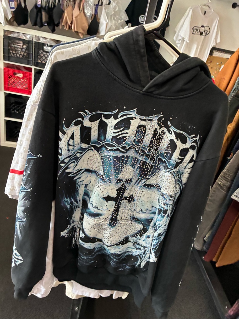 Men’s Rare GUAPI Angel Rhinestone HOODIE Used SZ SM Pre Owned Good Condition